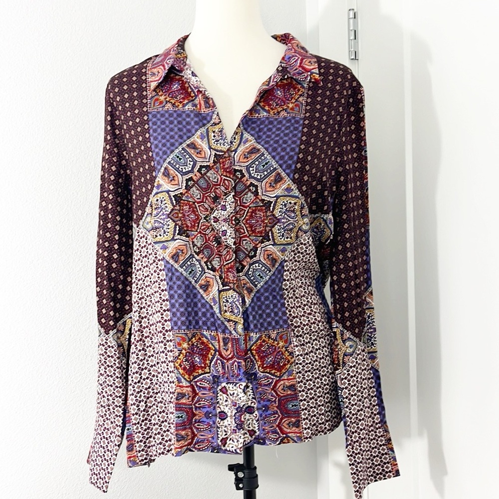 Crosby Large Purple, Red Boho Pattern 70s Button Down Long Sleeve Shirt